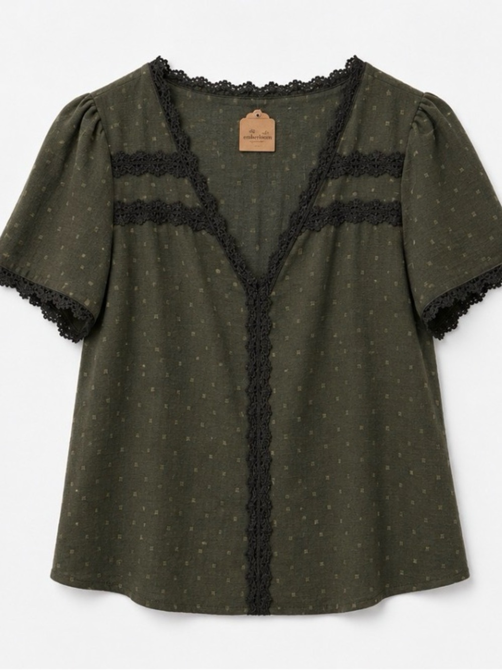Olive Green Lace-Trim Short Sleeve Top